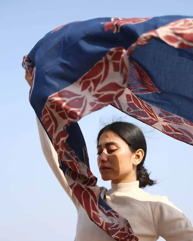 Ichcha, Blue Block Print Scarf, Scarlet 'N Blue sold by Kiriko