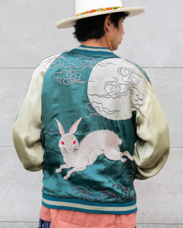 Japanese Repro Souvenir Jacket, Reversible, Teal Rabbit and Black Lily Pads sold by Kiriko