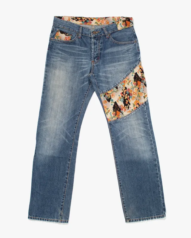 Japanese Repro Denim Jeans, Takeo Kikuchi, Floral Lining & Patchwork - 33" sold by Kiriko