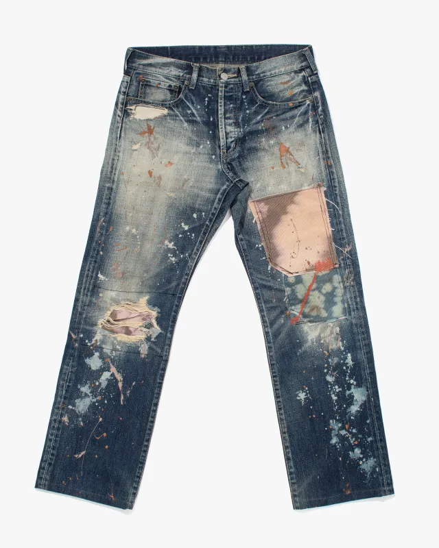 Japanese Repro Denim Jeans, Takeo Kikuchi, Paint Splatters & Distressing - 32" sold by Kiriko