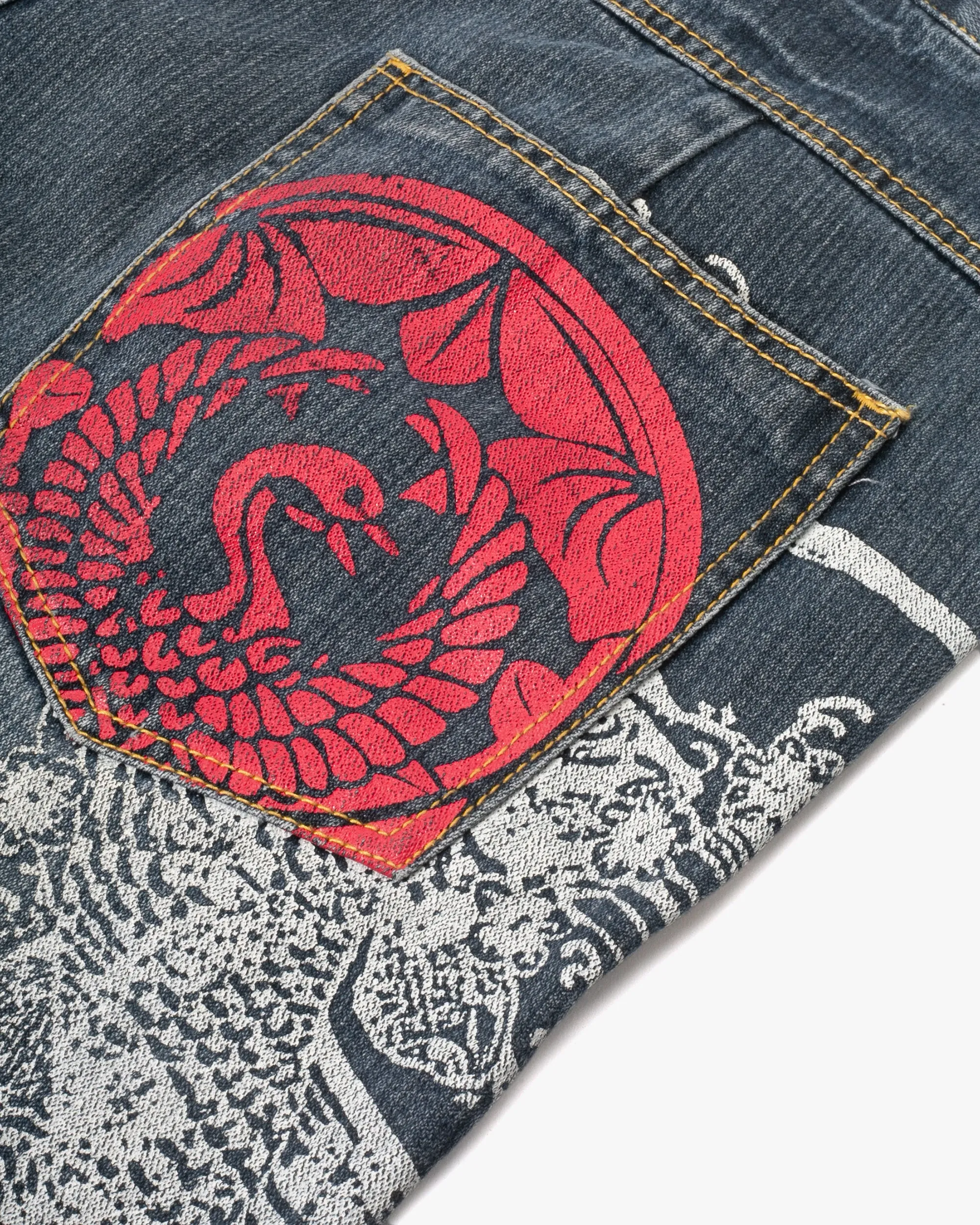 Japanese Repro Denim Jeans, Tana Co. Ltd, Floral Lining and Painted Details - 34" sold by Kiriko product image thumbnail 2