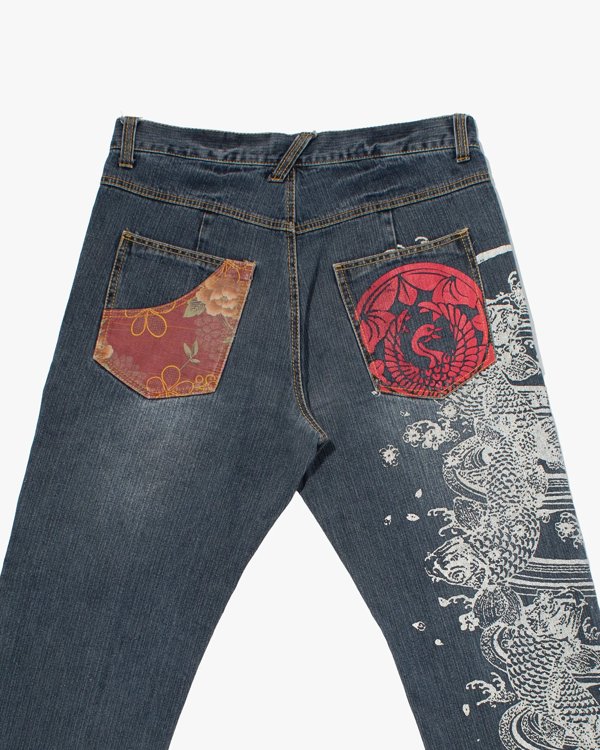 Japanese Repro Denim Jeans, Tana Co. Ltd, Floral Lining and Painted Details - 34" sold by Kiriko product image thumbnail 3