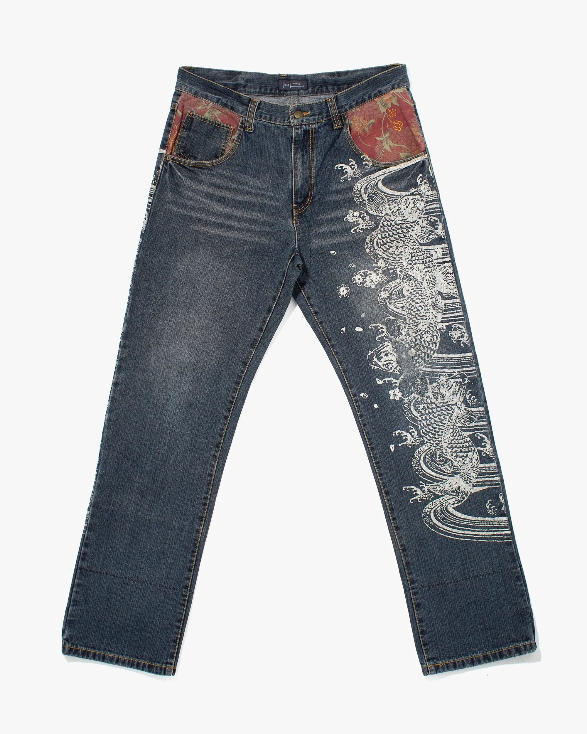 Japanese Repro Denim Jeans, Tana Co. Ltd, Floral Lining and Painted Details - 34" sold by Kiriko