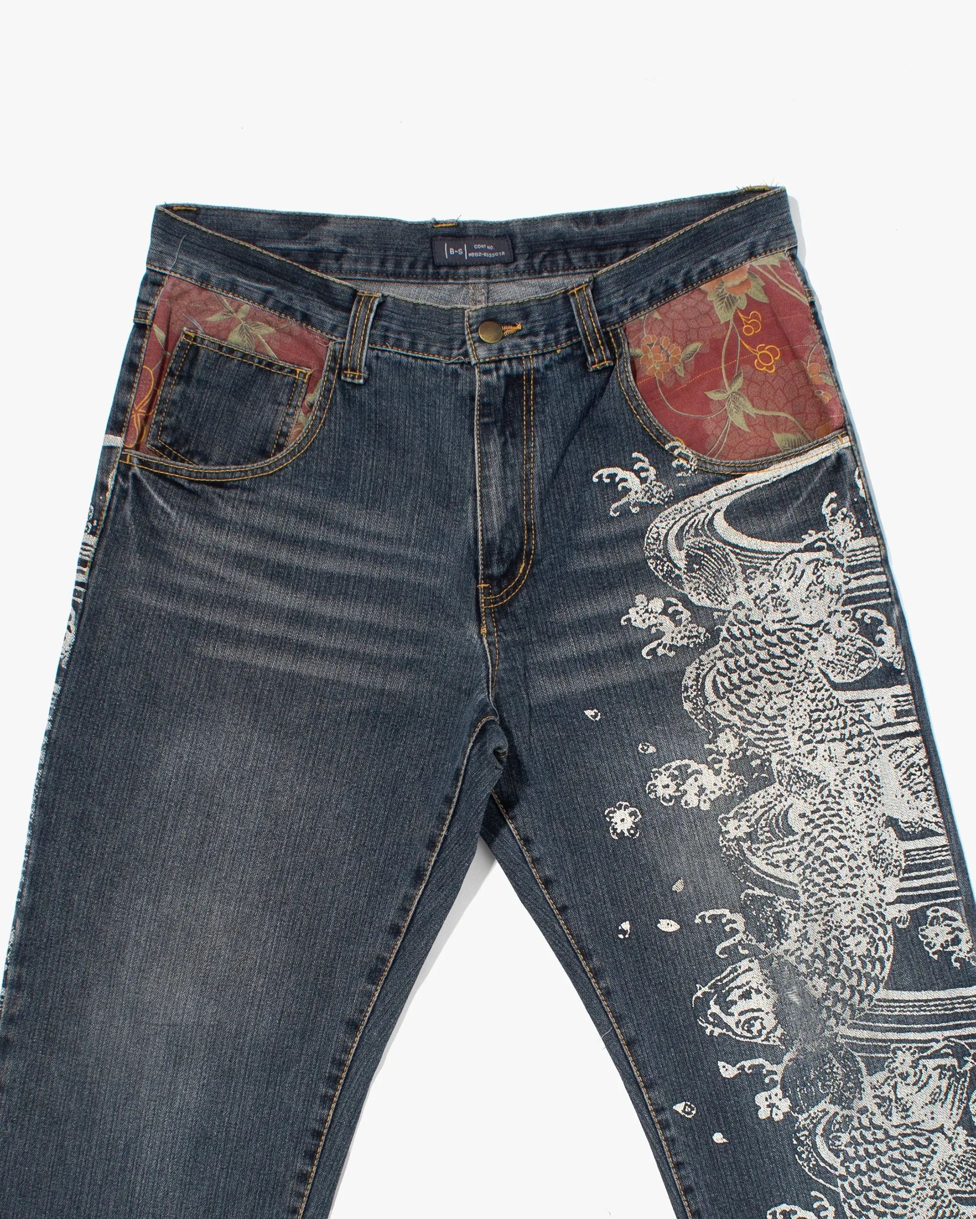 Japanese Repro Denim Jeans, Tana Co. Ltd, Floral Lining and Painted Details - 34" sold by Kiriko product image thumbnail 5