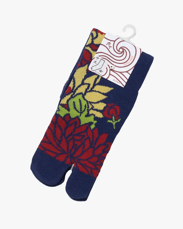 Wa Modern, Tabi Socks, Crew, Blue with Red, Yellow and Green Flowers-S/M sold by Kiriko
