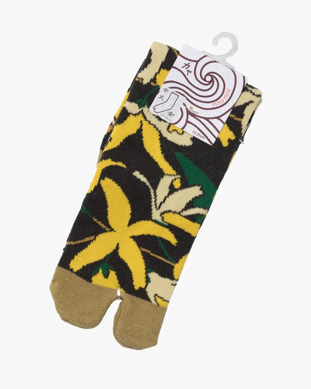Wa Modern, Tabi Socks, Crew, Black with Yellow Flowers- S/M sold by Kiriko