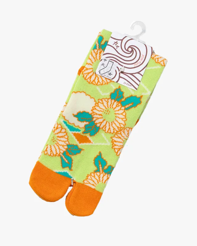 Wa Modern, Tabi Socks, Crew, Green with White, Blue and Orange Flowers sold by Kiriko
