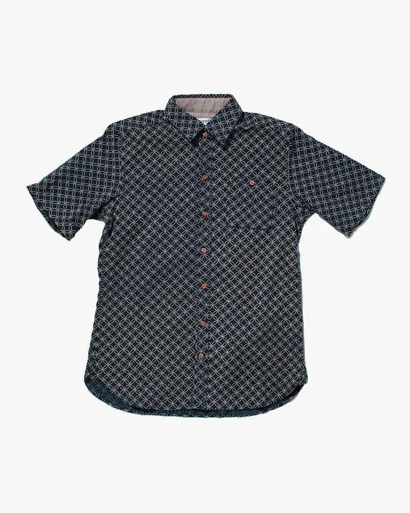 Kiriko Original Button-Up Shirt, Short Sleeve, Indigo Shippou sold by Kiriko