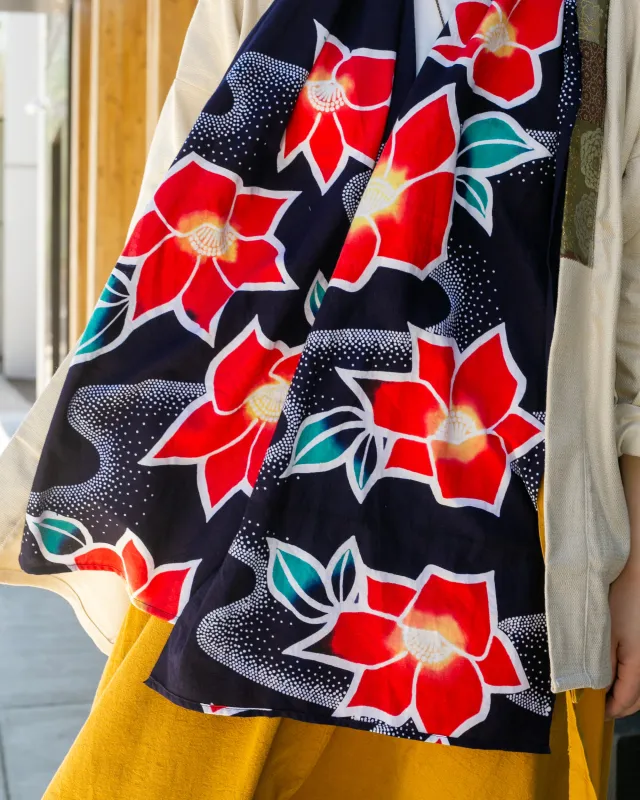 Kiriko Original Scarf, Yukata, Dark Navy with Red Hydrangeas and Dotted Waves sold by Kiriko