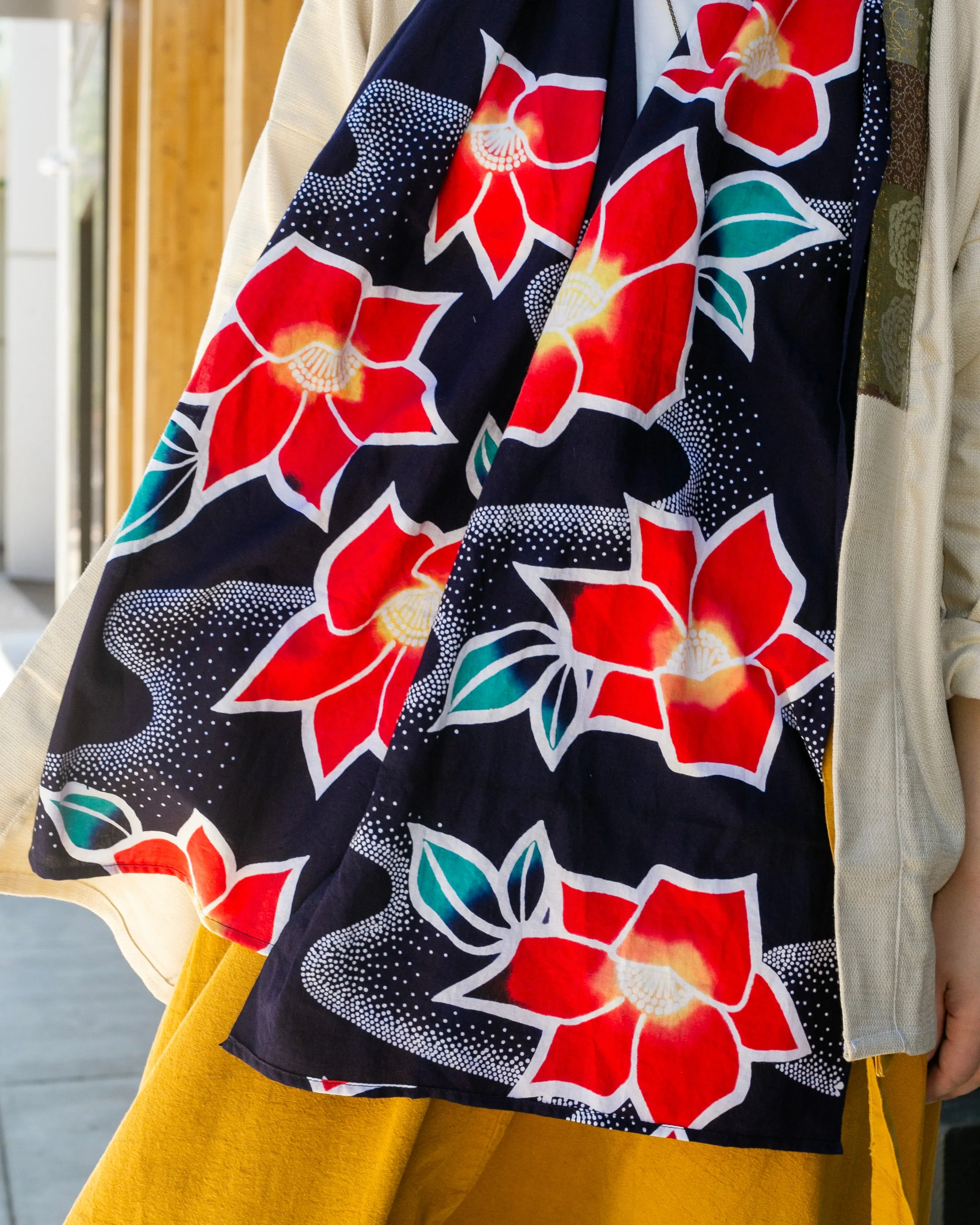Kiriko Original Scarf, Yukata, Dark Navy with Red Hydrangeas and Dotted Waves sold by Kiriko