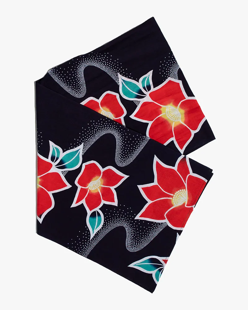 Kiriko Original Scarf, Yukata, Dark Navy with Red Hydrangeas and Dotted Waves sold by Kiriko product image thumbnail 4