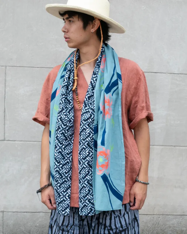 Kiriko Original Scarf, Split Yukata, Faded Teal with Pink and Green Abstract Flowers sold by Kiriko