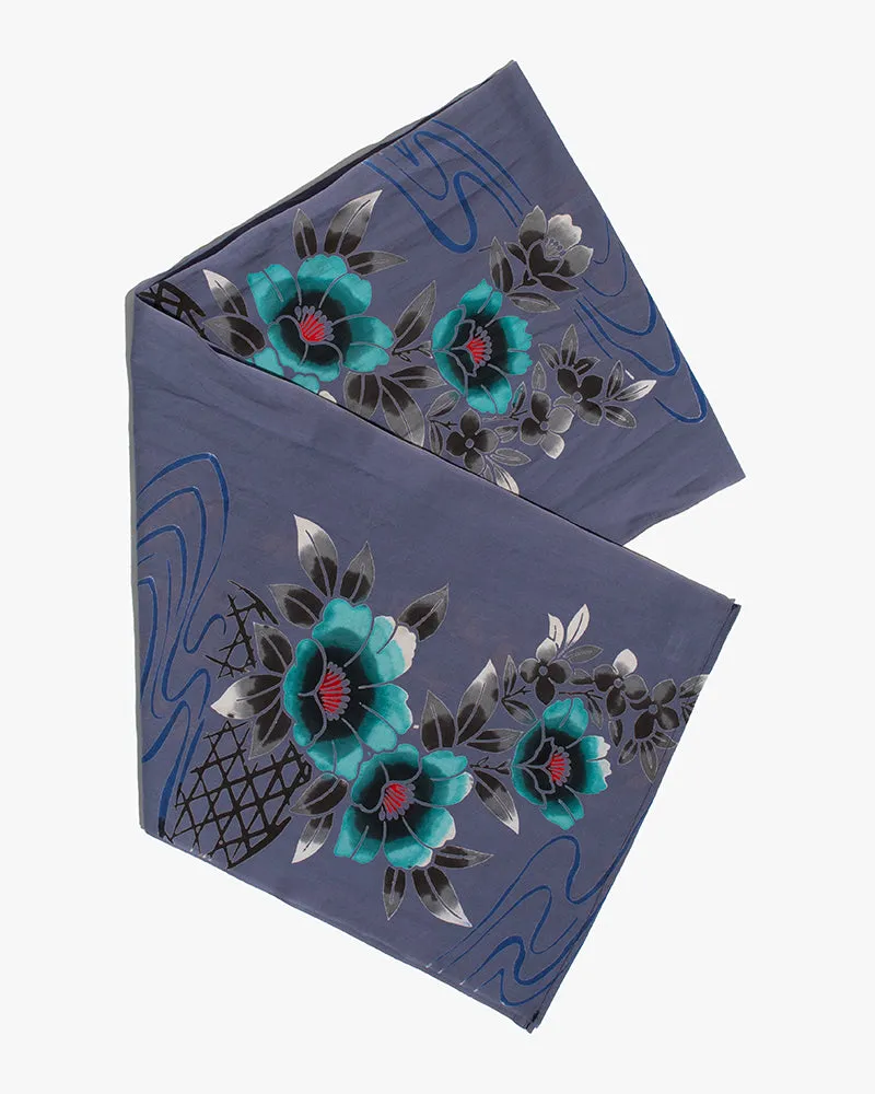 Kiriko Original Scarf, Yukata, Faded Blue with Teal Gradient Flowers sold by Kiriko product image thumbnail 4