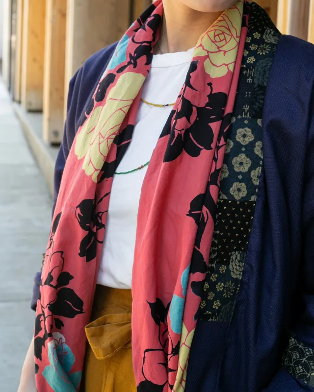 Kiriko Original Scarf, Yukata, Pink with Black and Yellow Roses sold by Kiriko