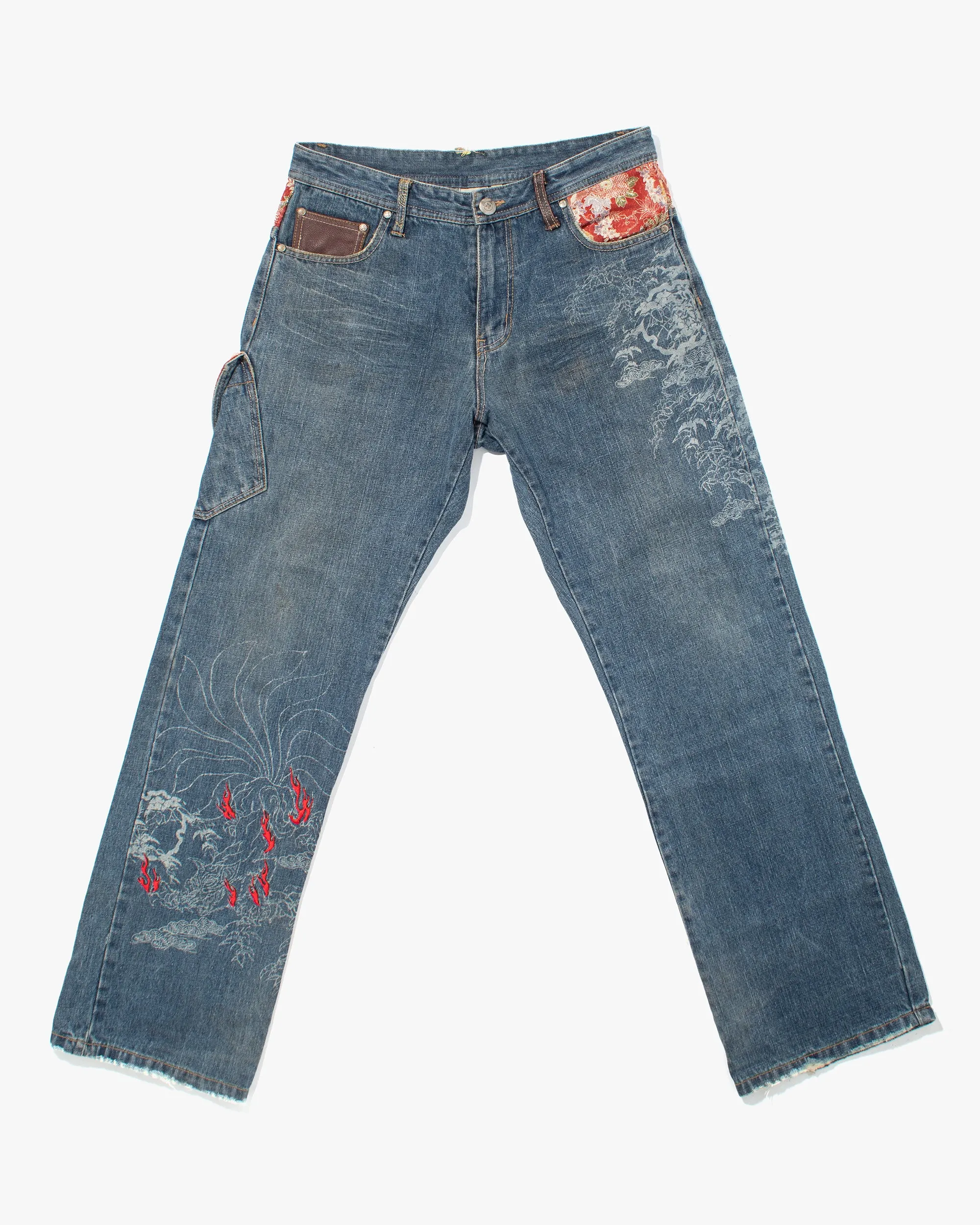 Japanese Repro Denim Jeans, Gumu, Floral Lining with Leather Accents - 33" sold by Kiriko