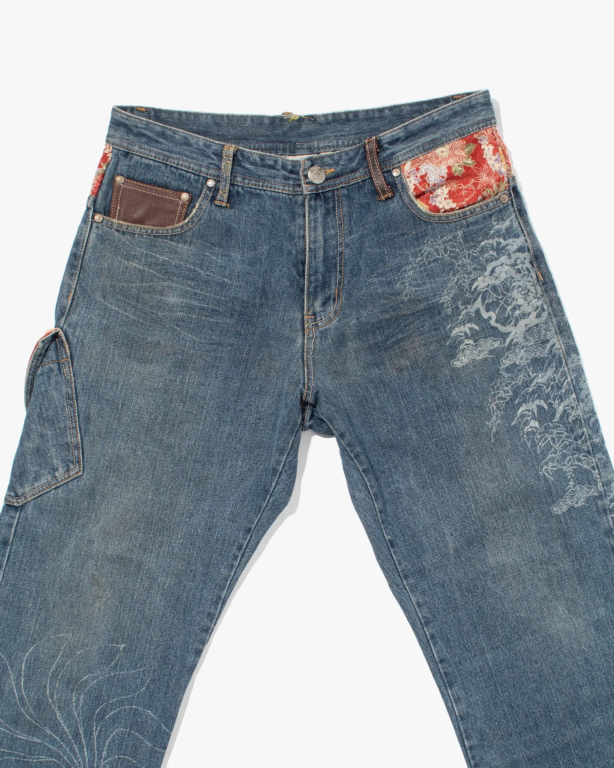 Japanese Repro Denim Jeans, Gumu, Floral Lining with Leather Accents - 33" sold by Kiriko product image thumbnail 4