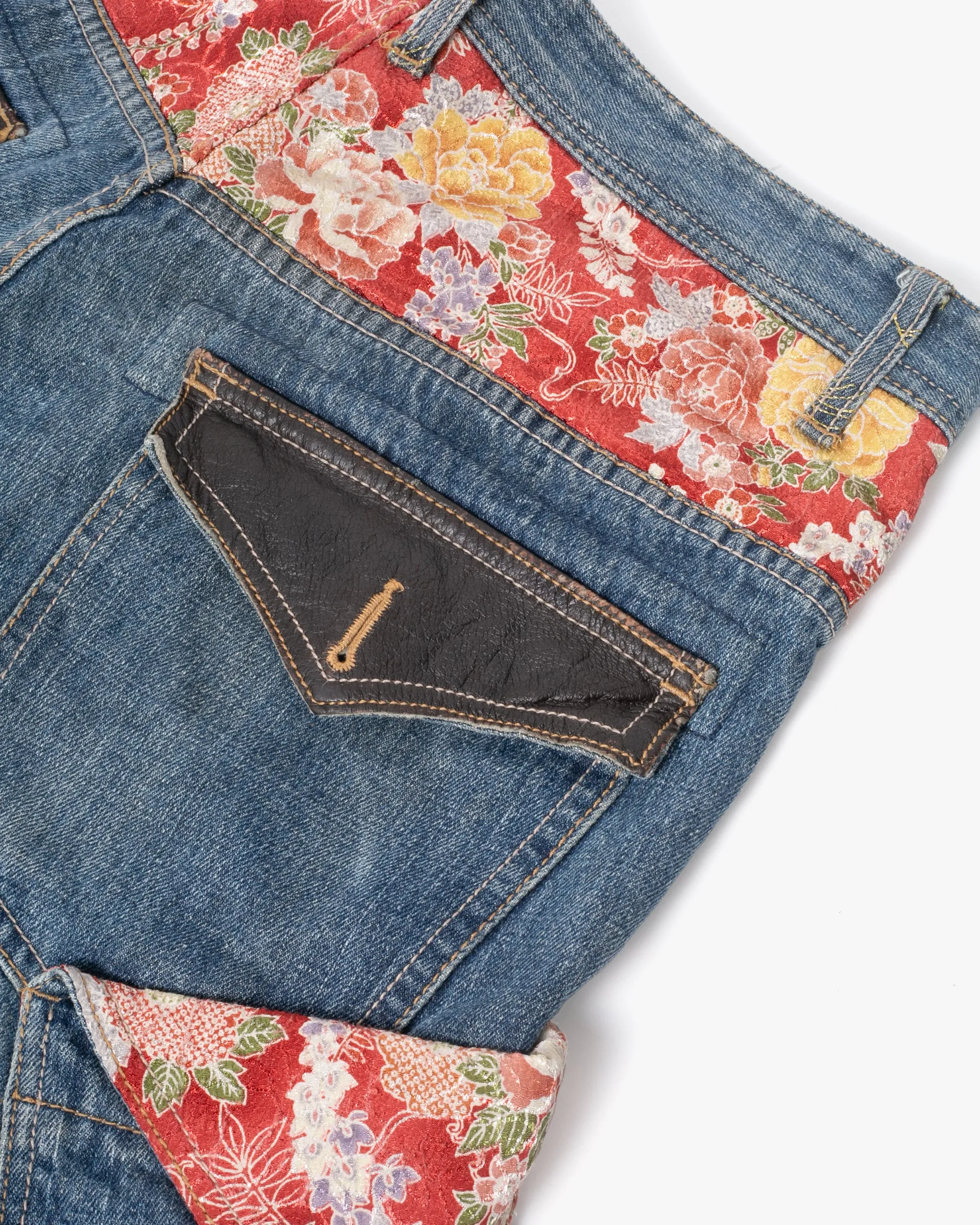 Japanese Repro Denim Jeans, Gumu, Floral Lining with Leather Accents - 33" sold by Kiriko product image thumbnail 2