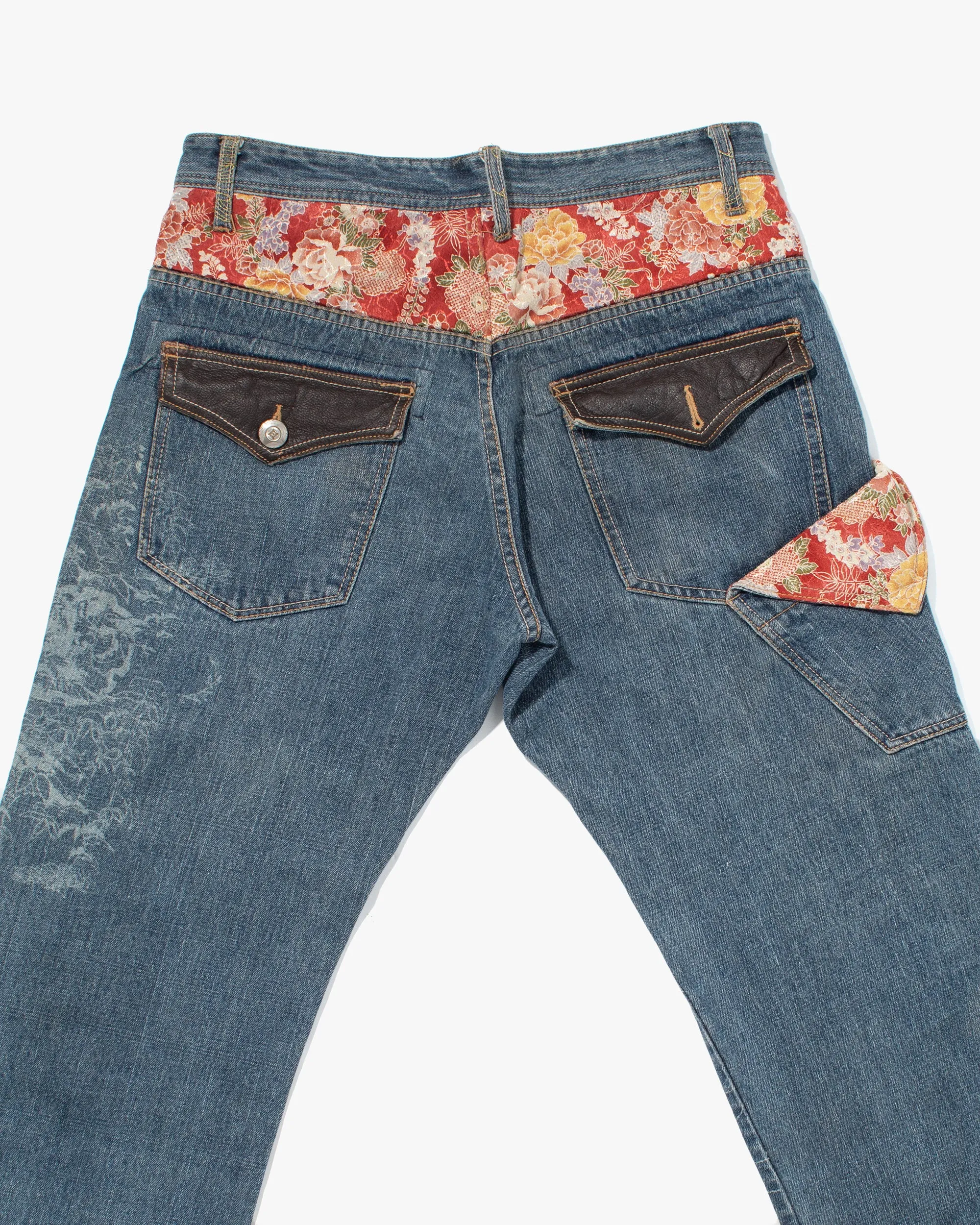 Japanese Repro Denim Jeans, Gumu, Floral Lining with Leather Accents - 33" sold by Kiriko product image thumbnail 5