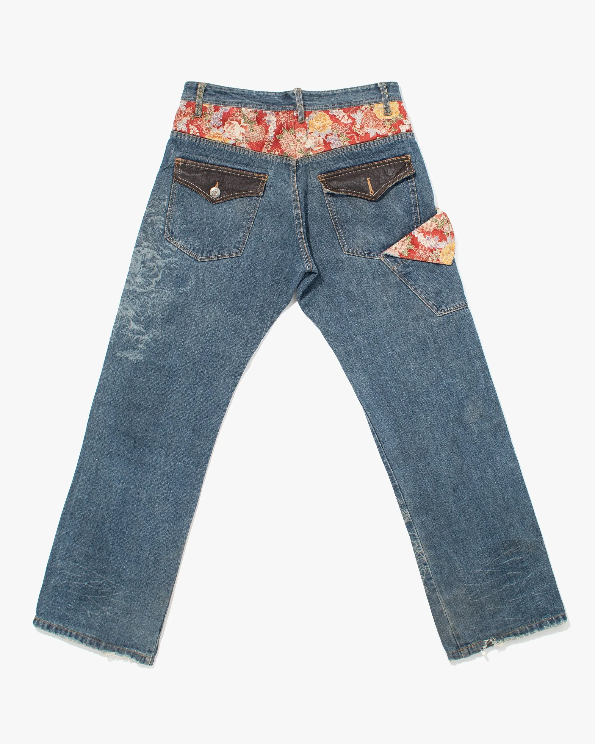 Japanese Repro Denim Jeans, Gumu, Floral Lining with Leather Accents - 33" sold by Kiriko product image thumbnail 3