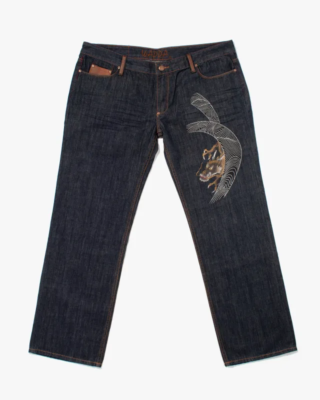Japanese Repro Denim Jeans, Kyoto Wappa, Bronze Painted Dragon - 42" sold by Kiriko