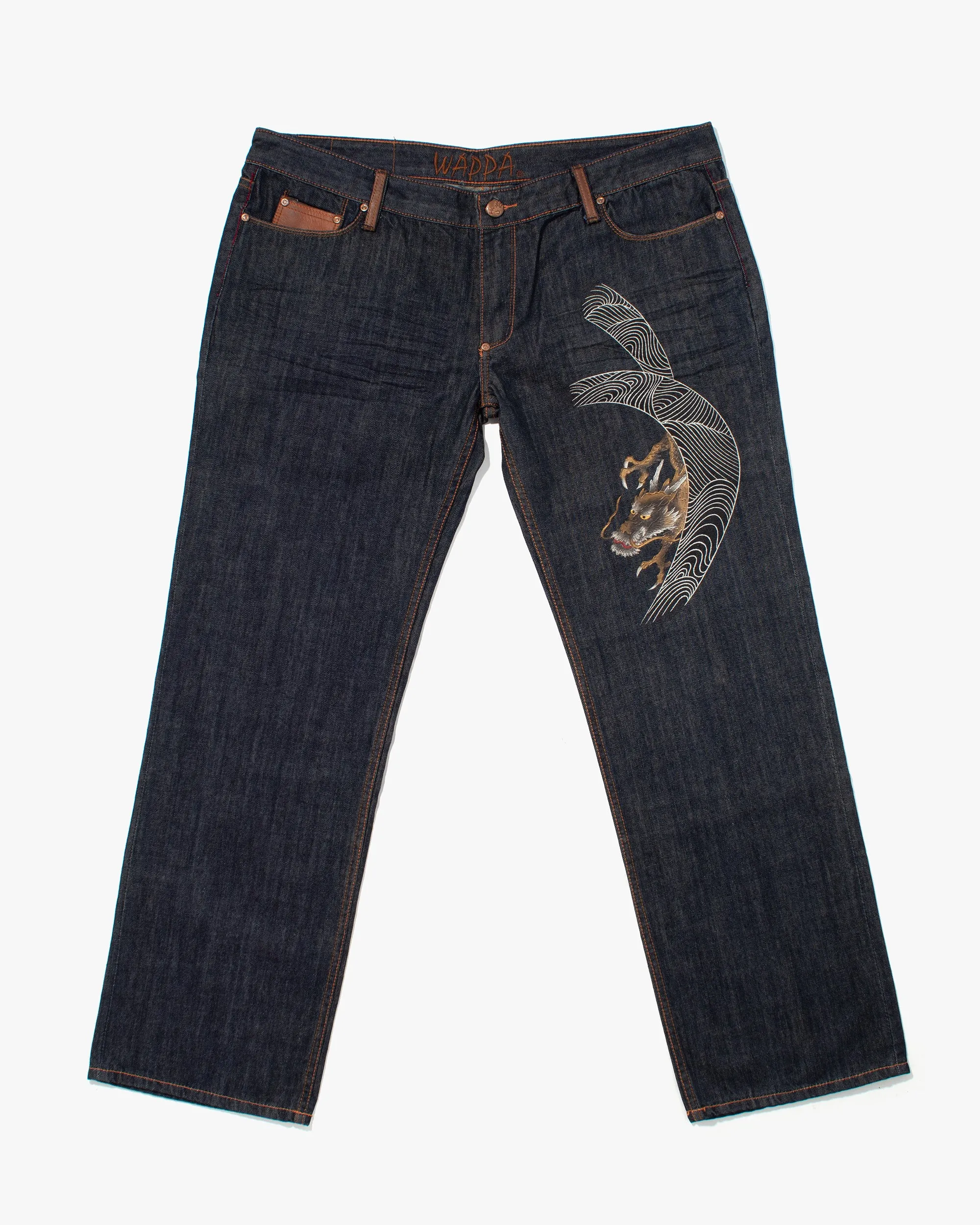 Japanese Repro Denim Jeans, Kyoto Wappa, Bronze Painted Dragon - 42" sold by Kiriko