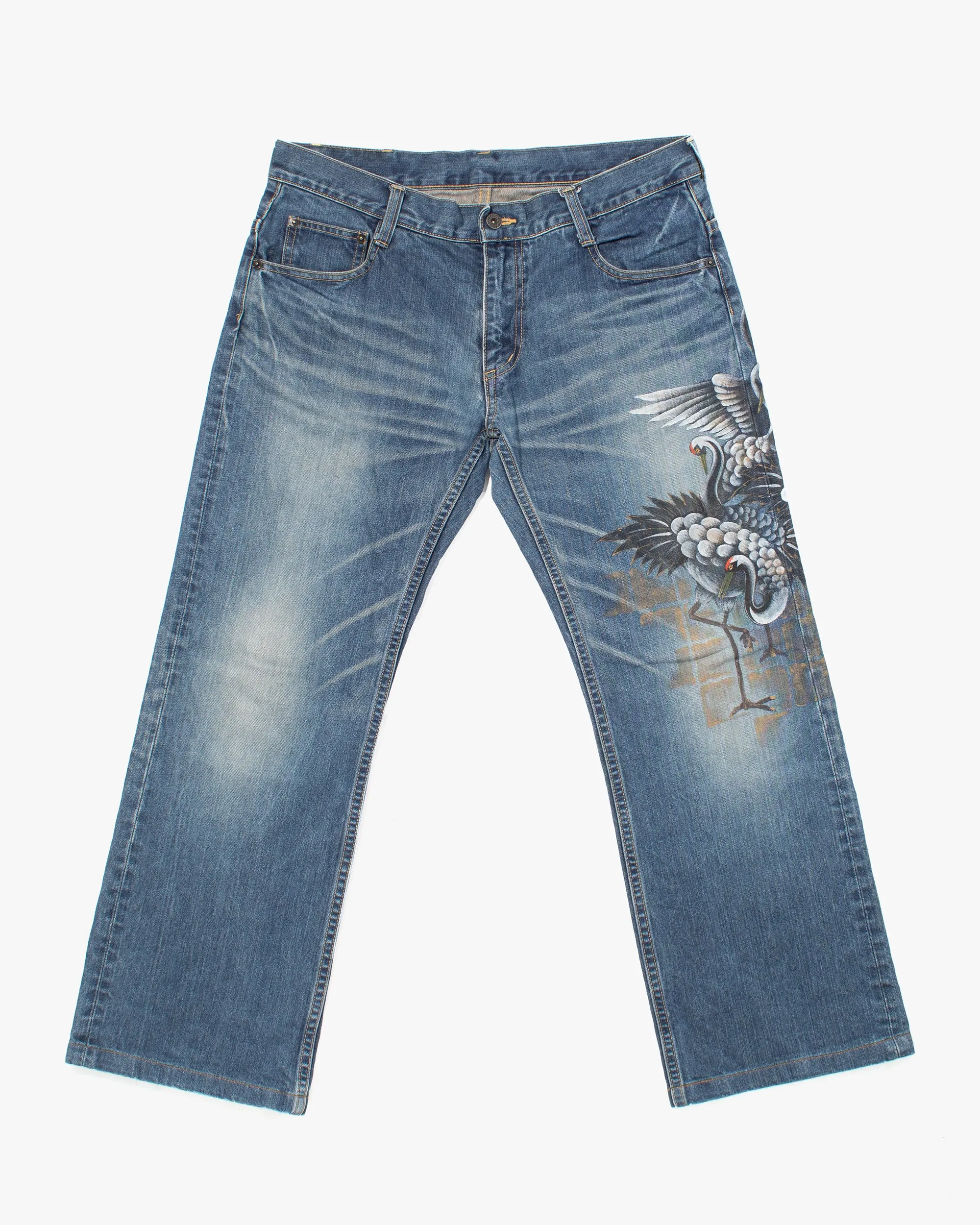 Japanese Repro Denim Jeans, Breakthrough, Painted Herons - 36" sold by Kiriko
