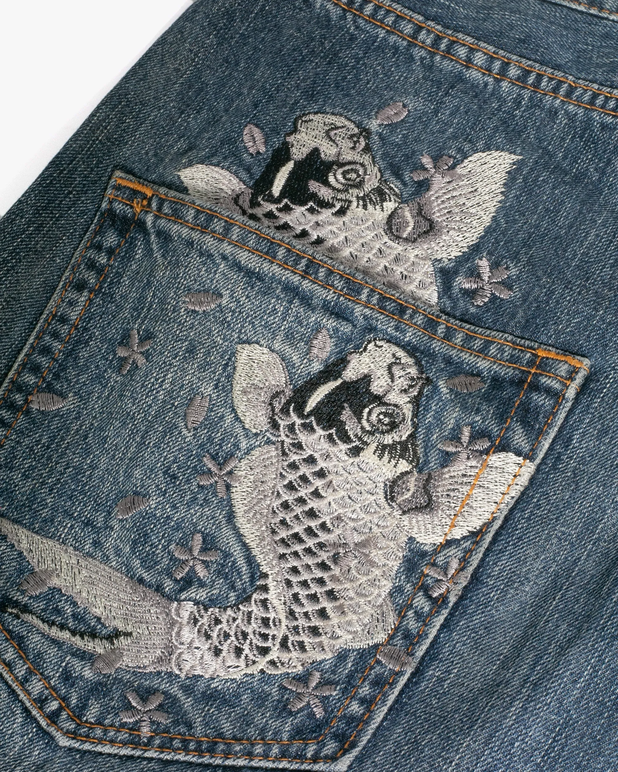 Japanese Repro Denim Jeans, Ann Do, Embroidered Koi and Floral Lining - 38" sold by Kiriko product image thumbnail 2