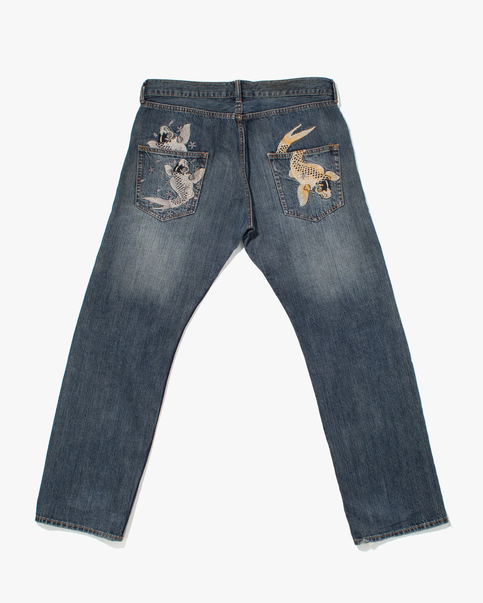 Japanese Repro Denim Jeans, Ann Do, Embroidered Koi and Floral Lining - 38" sold by Kiriko