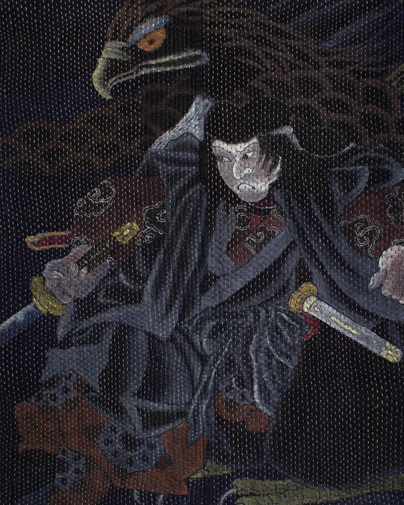 Vintage Noragi Jacket, Hand-Stitched Sashiko and Painted Eagle and Samurai sold by Kiriko product image thumbnail 4