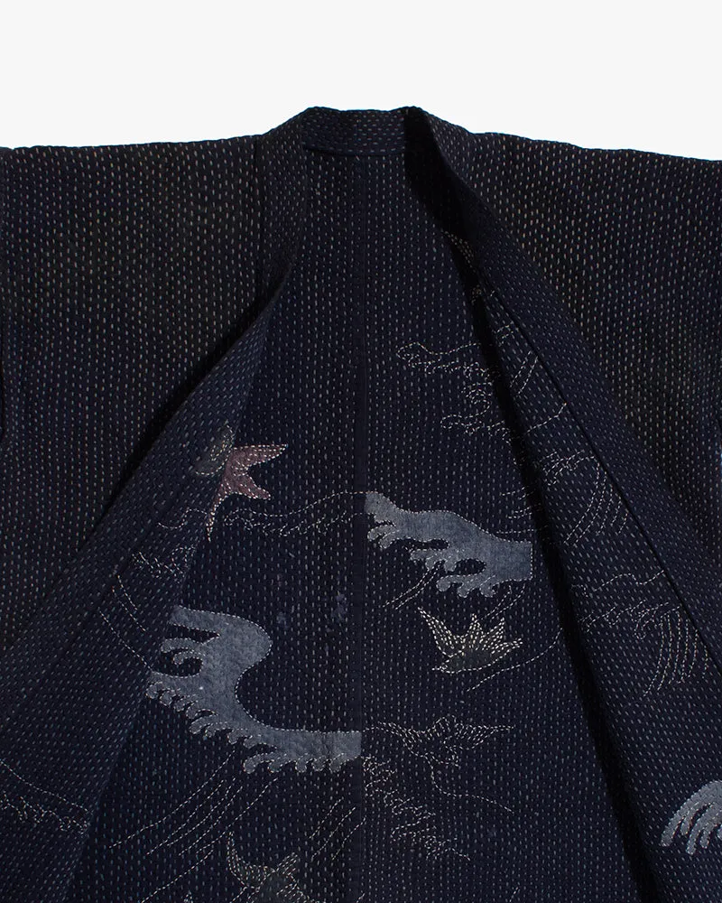 Vintage Noragi Jacket, Hand-Stitched Sashiko and Painted Eagle and Samurai sold by Kiriko product image thumbnail 2