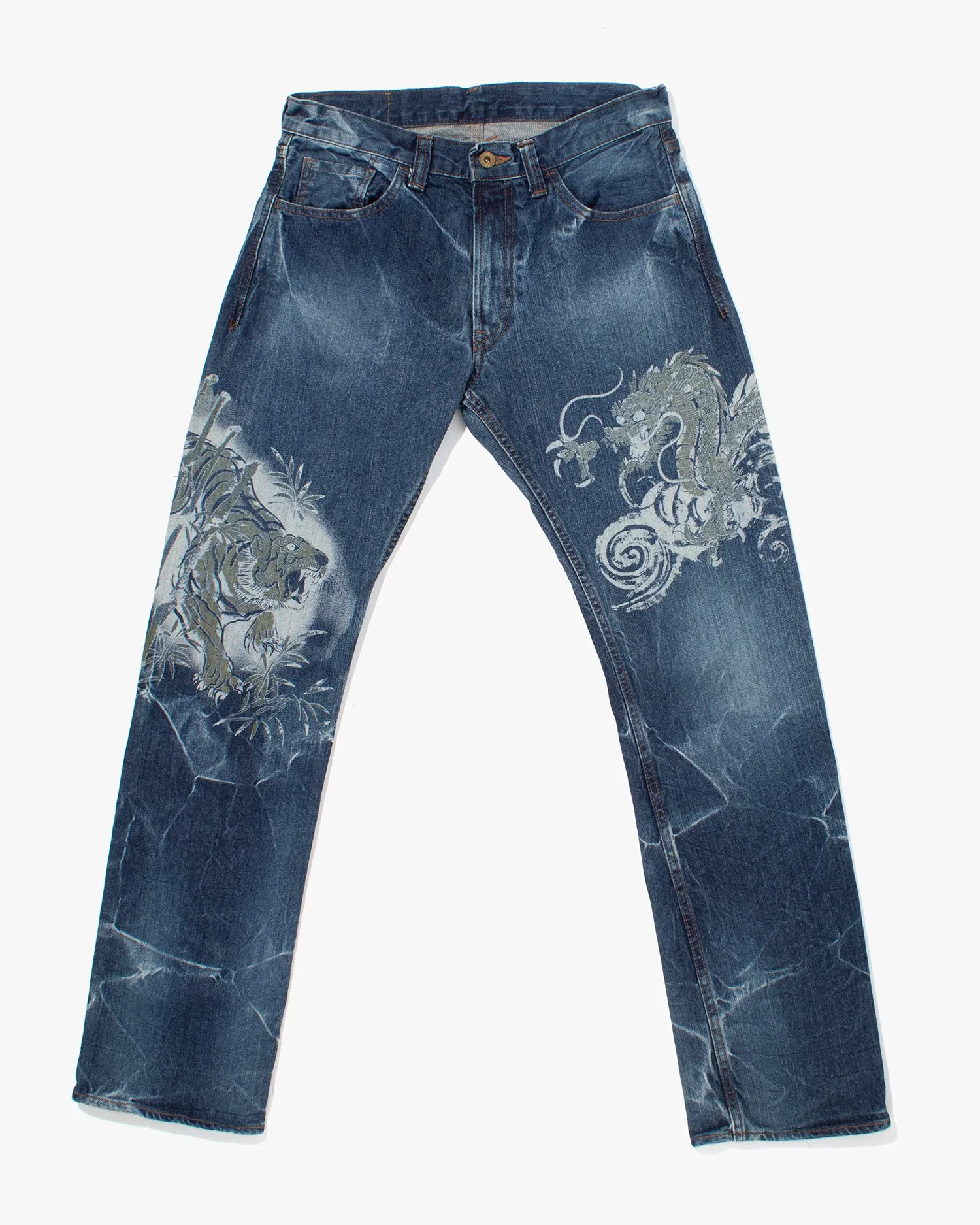 Japanese Repro Denim Jeans, Eternal, Dragon and Tiger Graphic - 32 sold by Kiriko