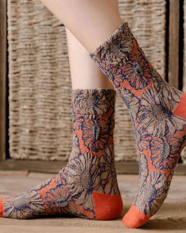 Tourtiwi, Embossed Sunflower, Crew Socks sold by Kiriko