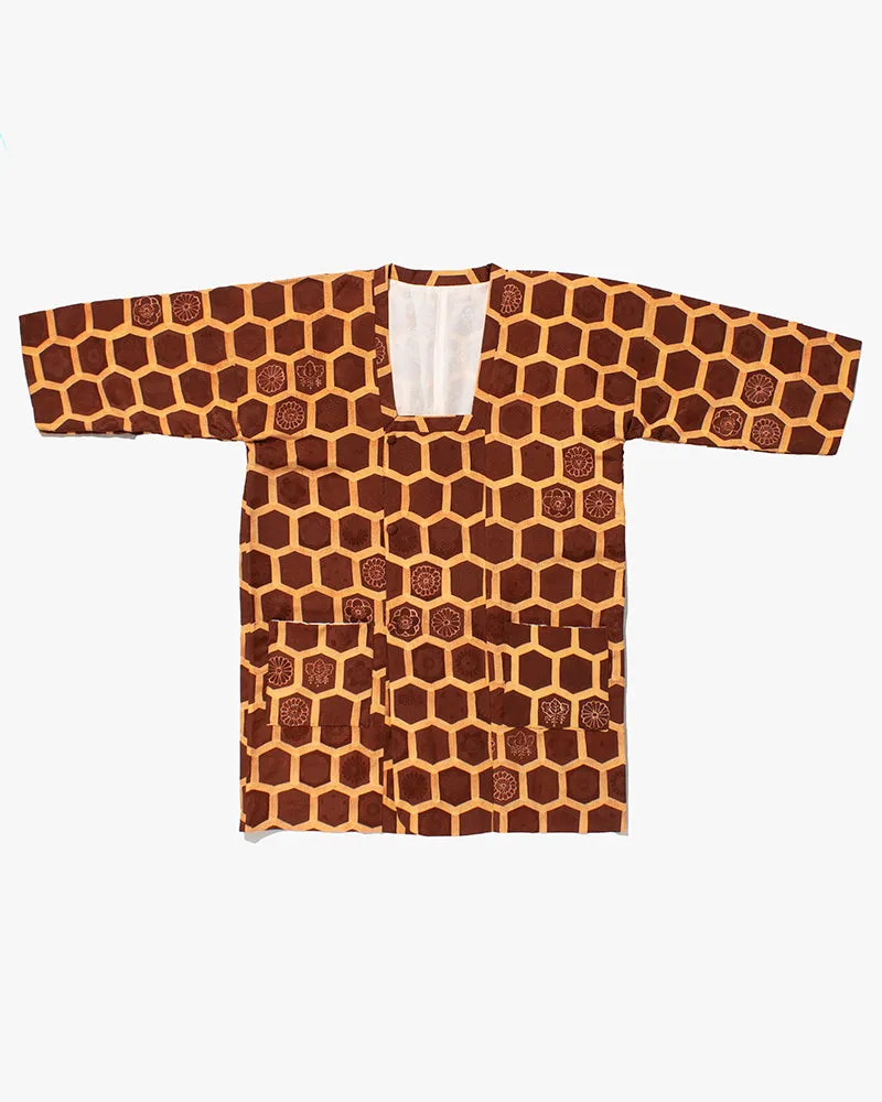Kiriko Custom, Altered Kimono Jacket, Brown Honeycomb Pattern with Flowers sold by Kiriko