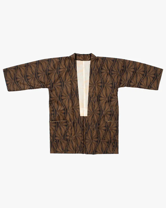 Kiriko Custom, Altered Kimono Jacket, Brown with Wave and Flower Pattern sold by Kiriko