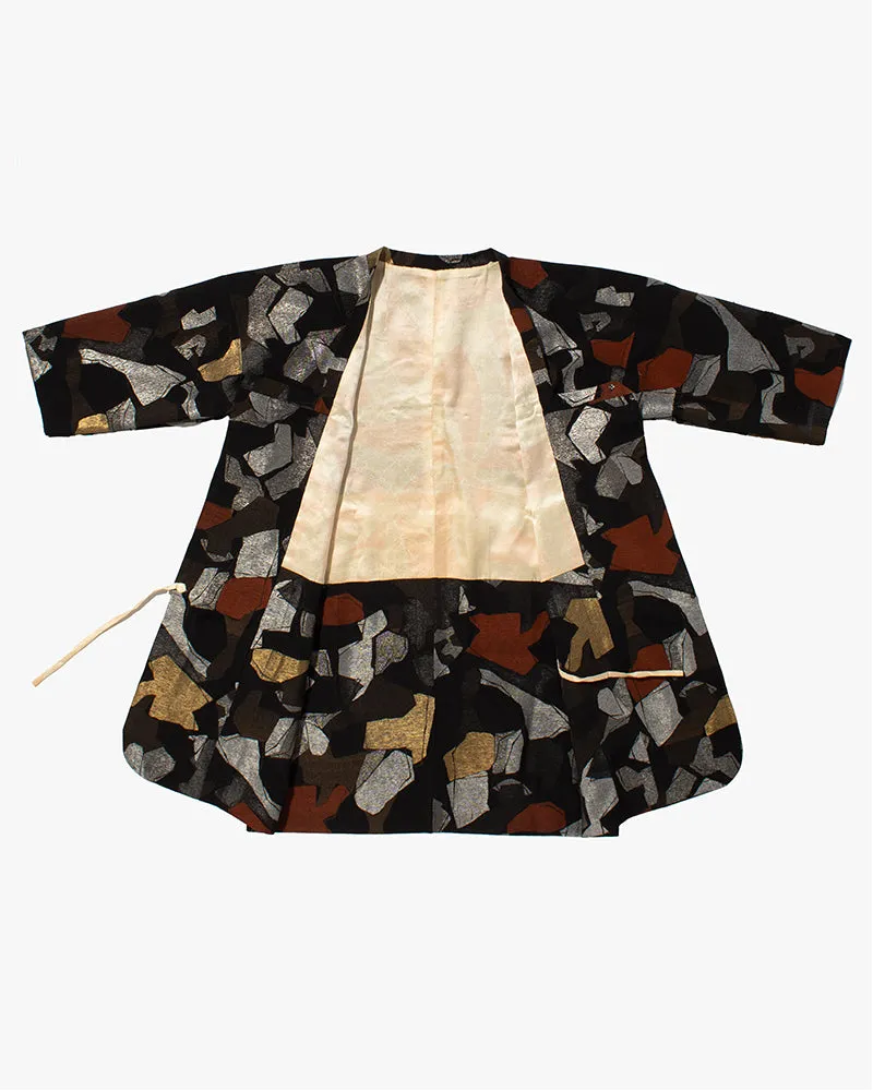 Kiriko Custom, Altered Kimono Jacket, Black with Gold, Silver, and Earth Tone Geometric Pattern sold by Kiriko product image thumbnail 3