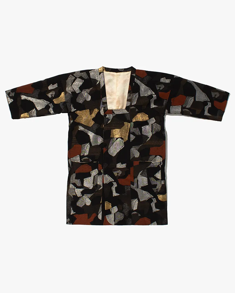 Kiriko Custom, Altered Kimono Jacket, Black with Gold, Silver, and Earth Tone Geometric Pattern sold by Kiriko