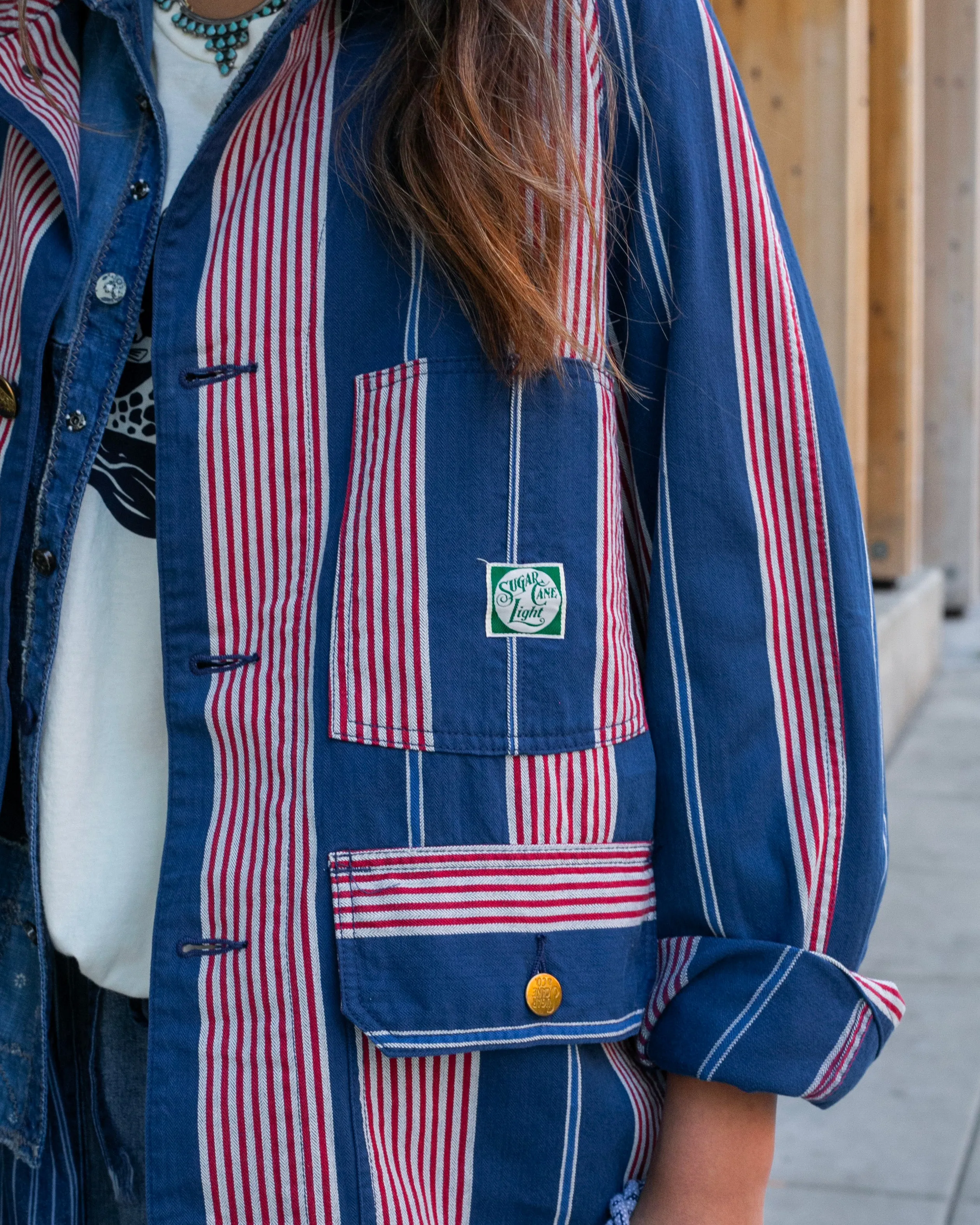 Japanese Repro Denim Chore Coat, L, Sugar Cane, Red, White, and Blue Stripes sold by Kiriko product image thumbnail 4
