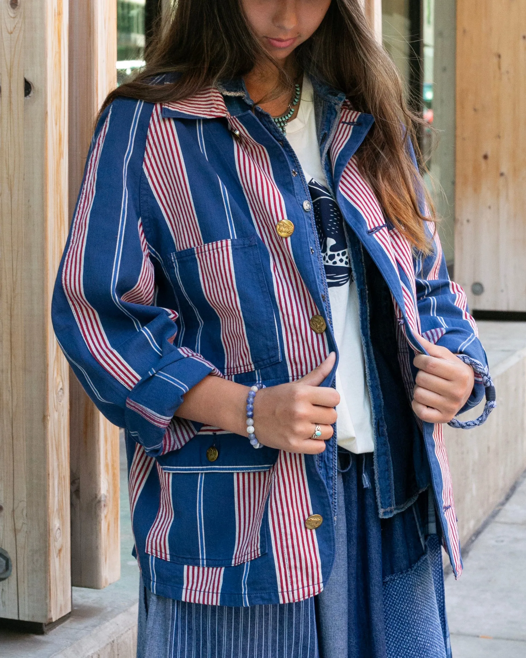 Japanese Repro Denim Chore Coat, L, Sugar Cane, Red, White, and Blue Stripes sold by Kiriko