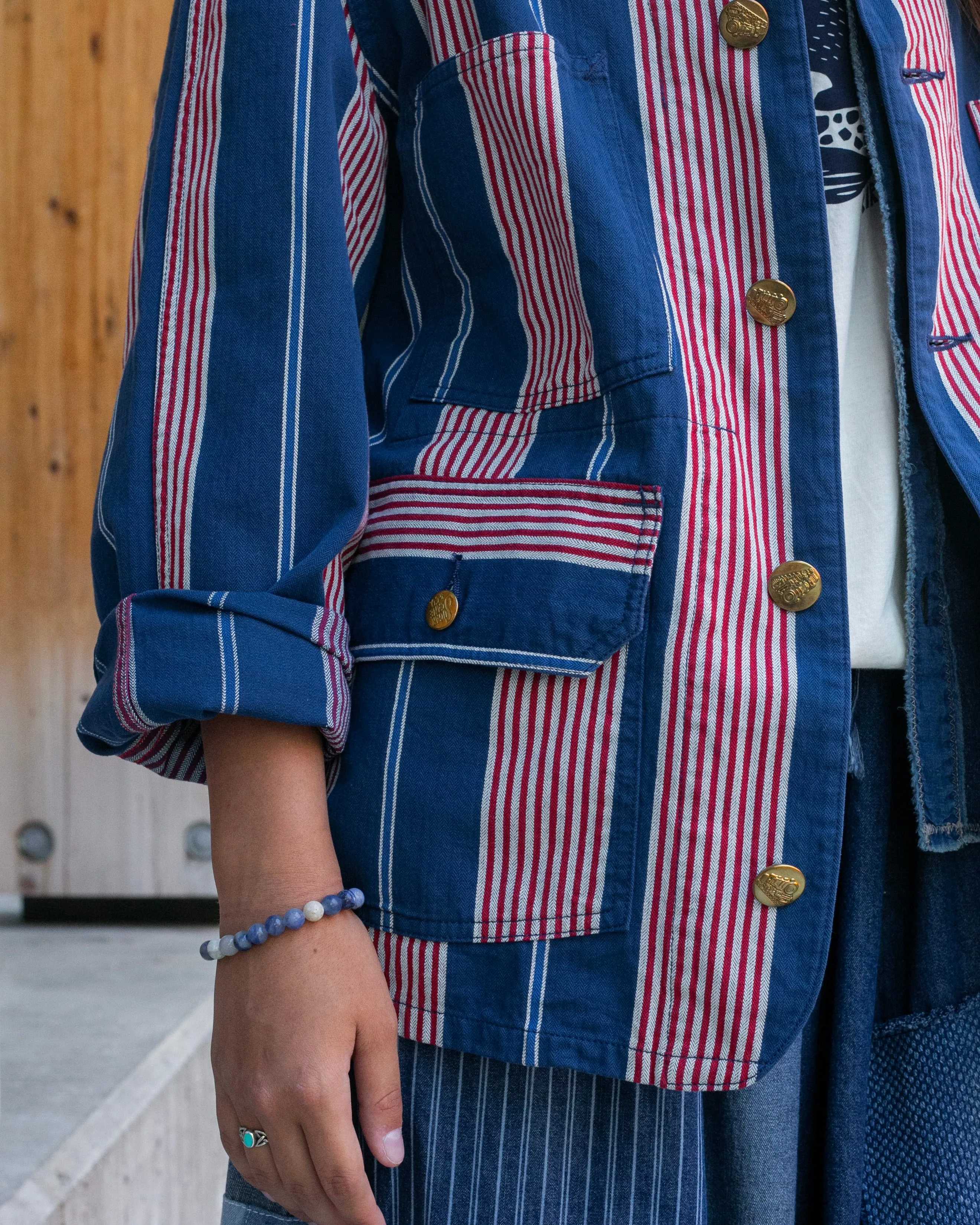 Japanese Repro Denim Chore Coat, L, Sugar Cane, Red, White, and Blue Stripes sold by Kiriko product image thumbnail 5