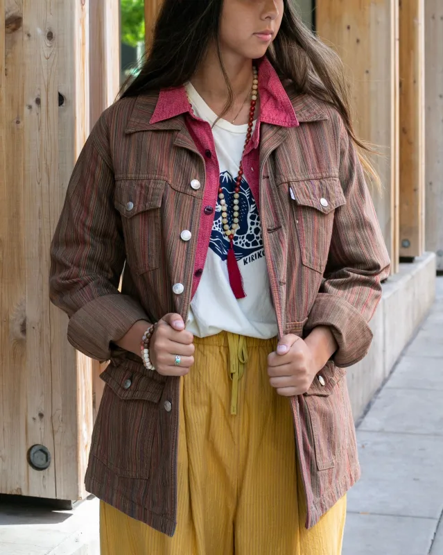 Japanese Repro Denim Chore Coat, Go West, Stripes and Flower Buttons - S sold by Kiriko