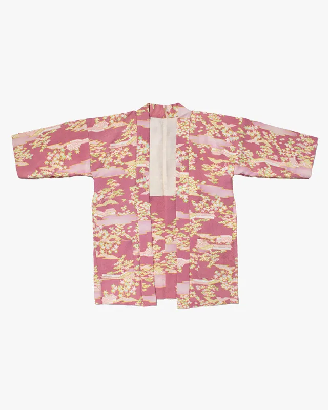 Kiriko Custom, Altered Kimono Jacket, Pink with Scenery and Gold Accents sold by Kiriko