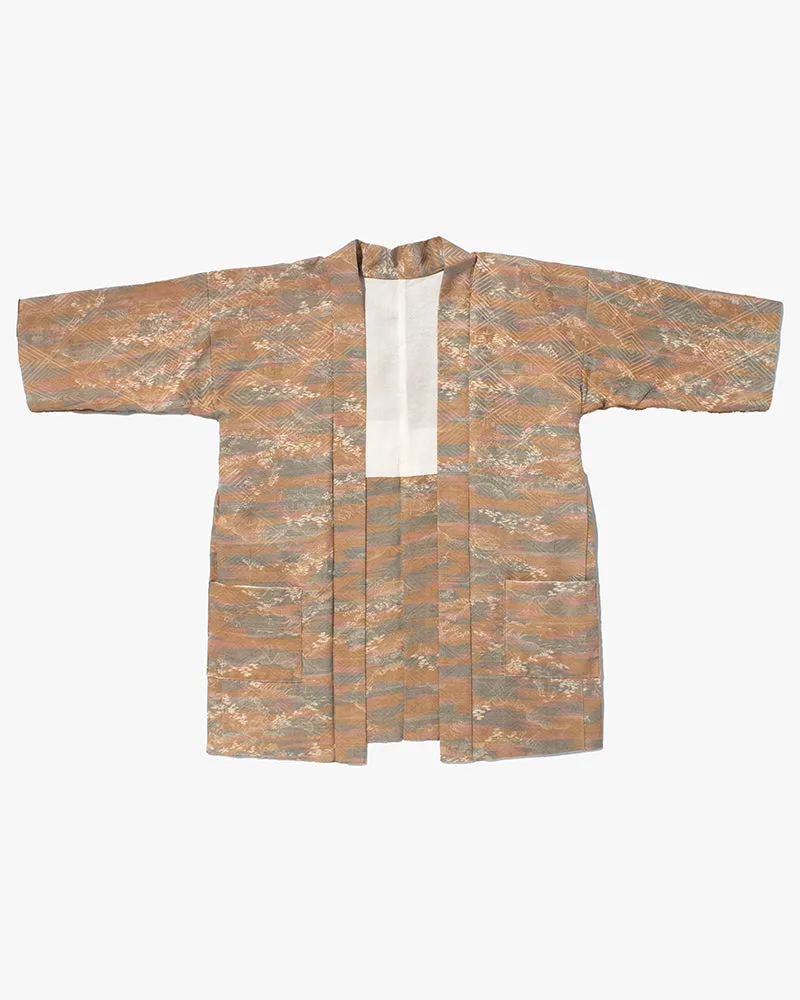 Kiriko Custom, Altered Kimono Jacket, Brown Tones with Cream Nature Details sold by Kiriko