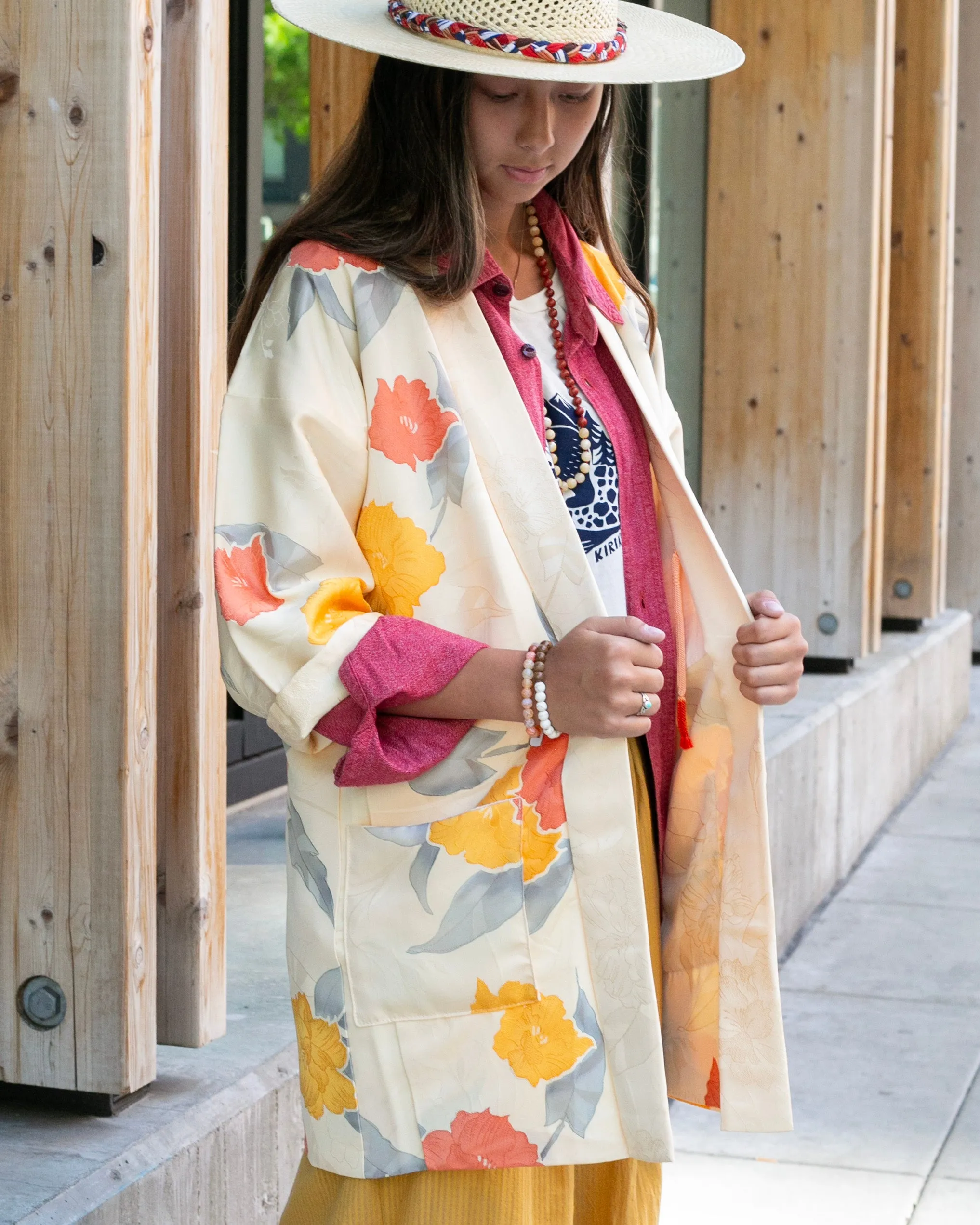 Kiriko Custom, Altered Kimono Jacket, Orange Flowers with Gray Leaves sold by Kiriko