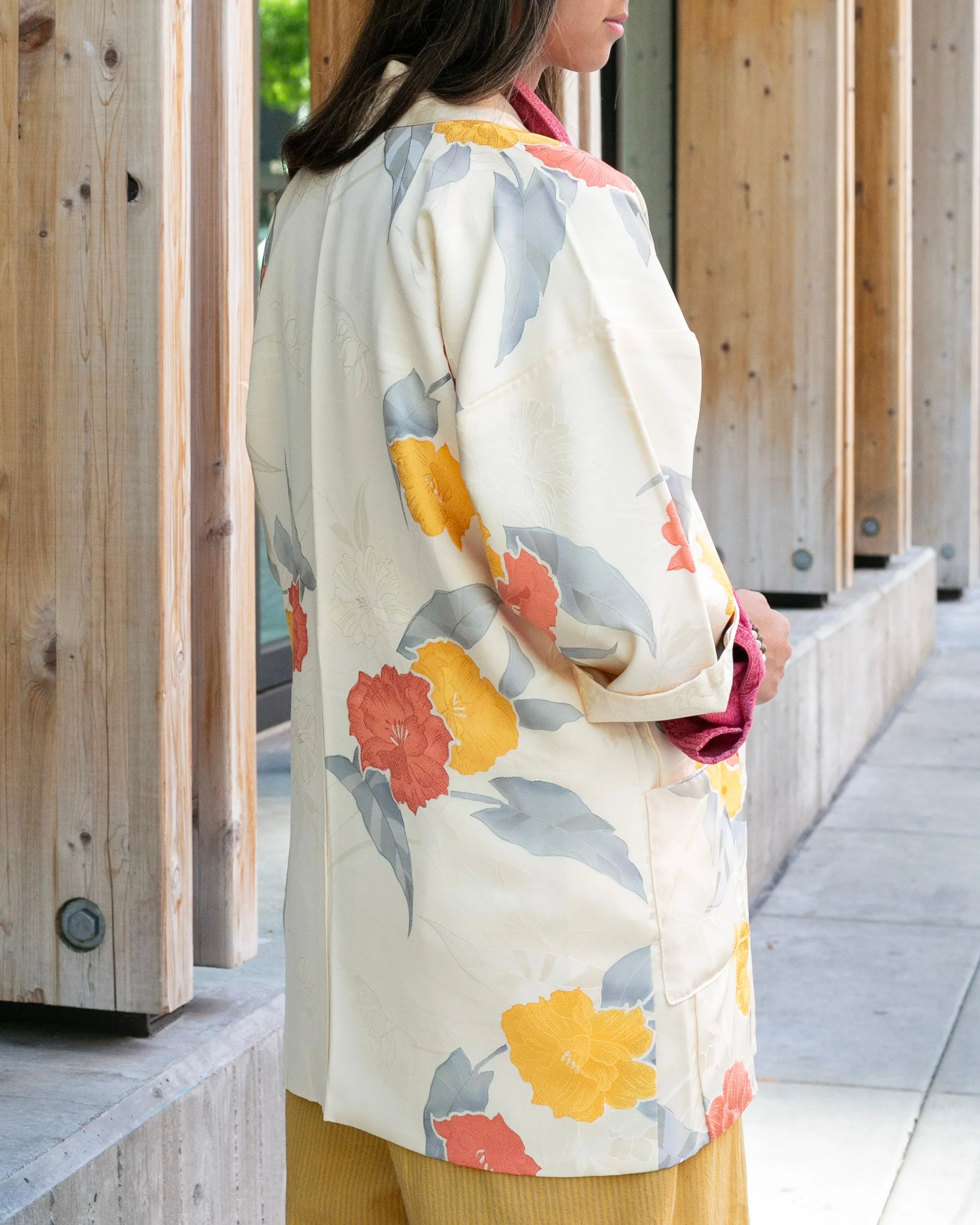 Kiriko Custom, Altered Kimono Jacket, Orange Flowers with Gray Leaves sold by Kiriko product image thumbnail 2