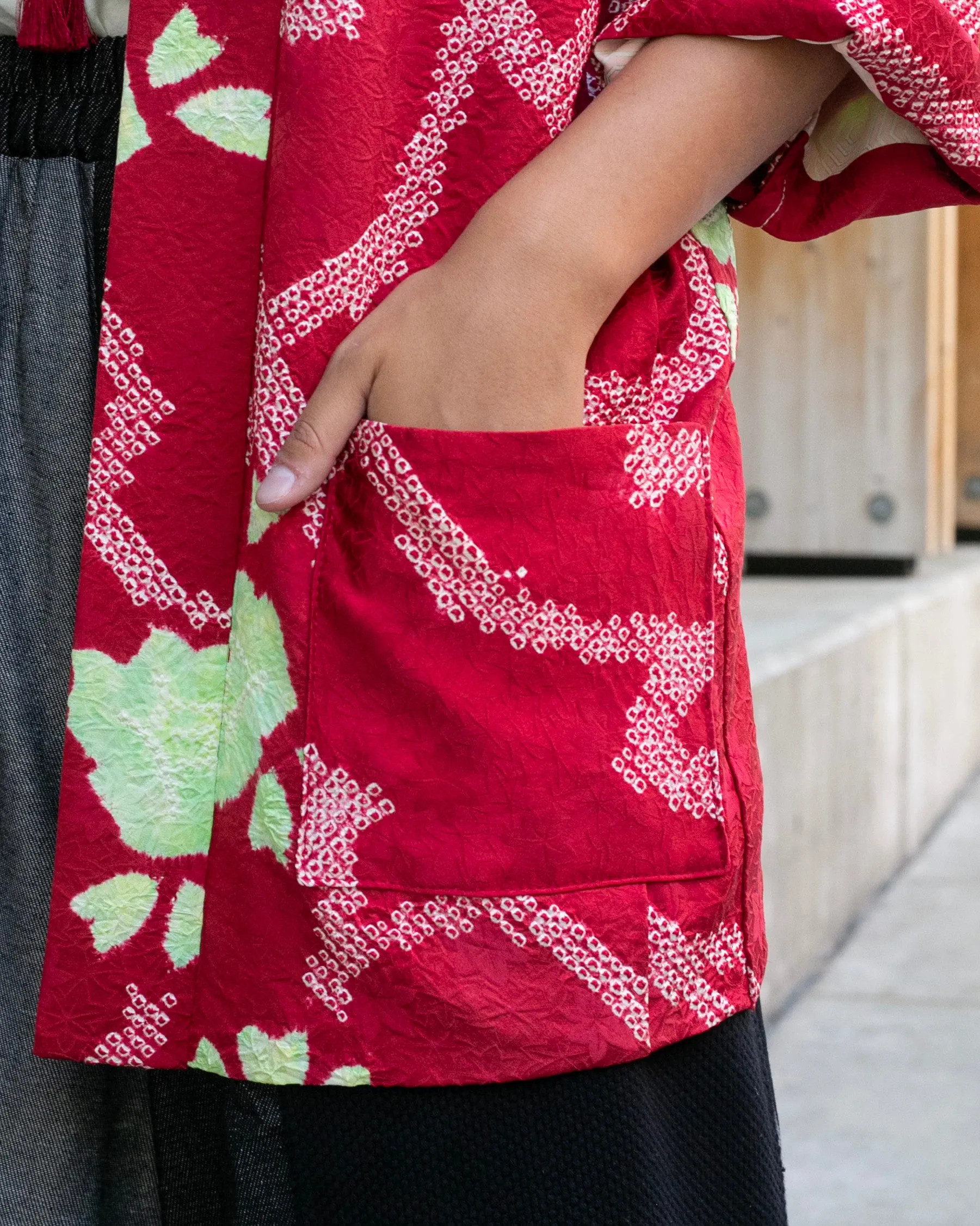 Kiriko Custom, Altered Kimono Jacket, Partial Shibori, Red Leaves with Green Accents sold by Kiriko product image thumbnail 3