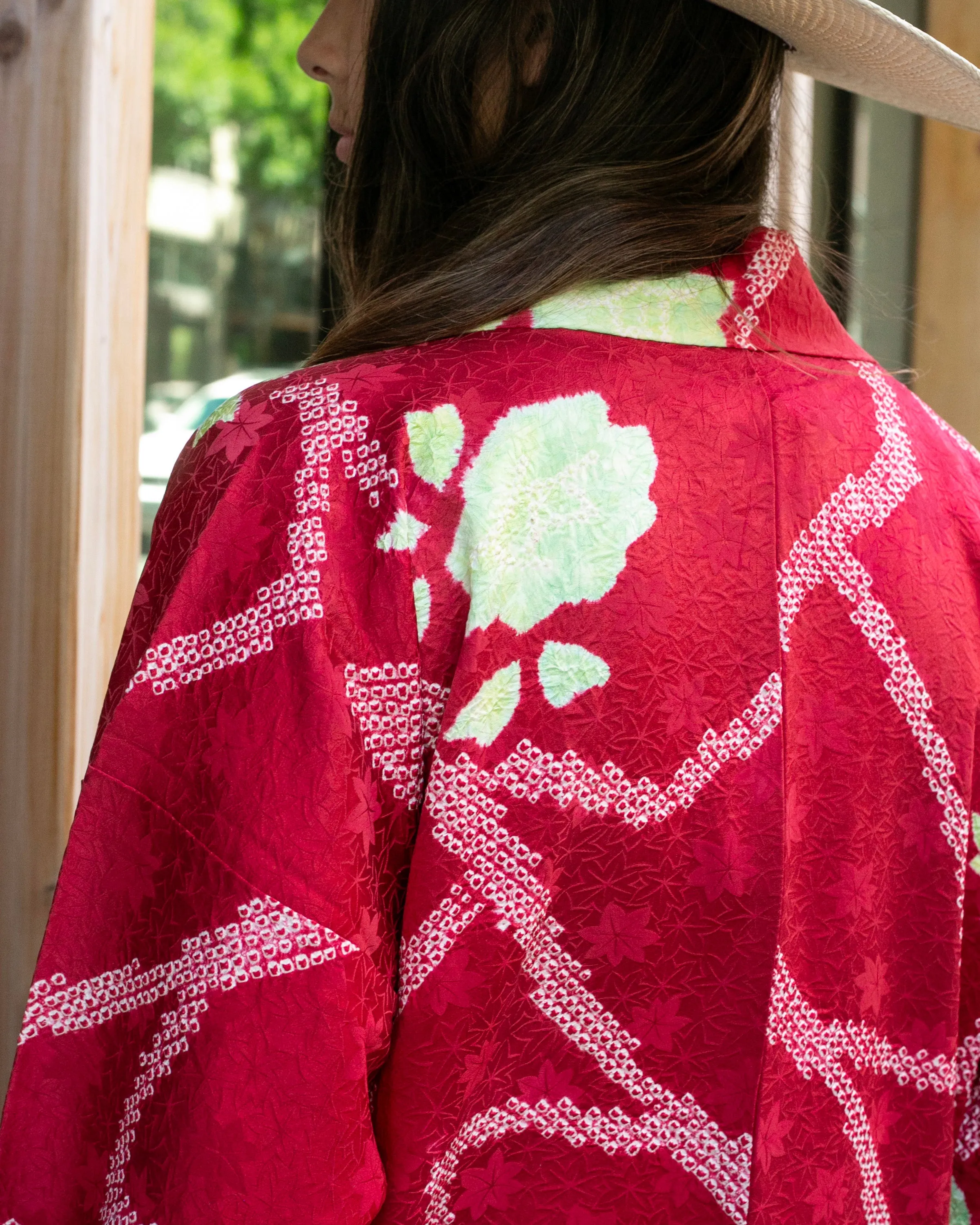 Kiriko Custom, Altered Kimono Jacket, Partial Shibori, Red Leaves with Green Accents sold by Kiriko product image thumbnail 4