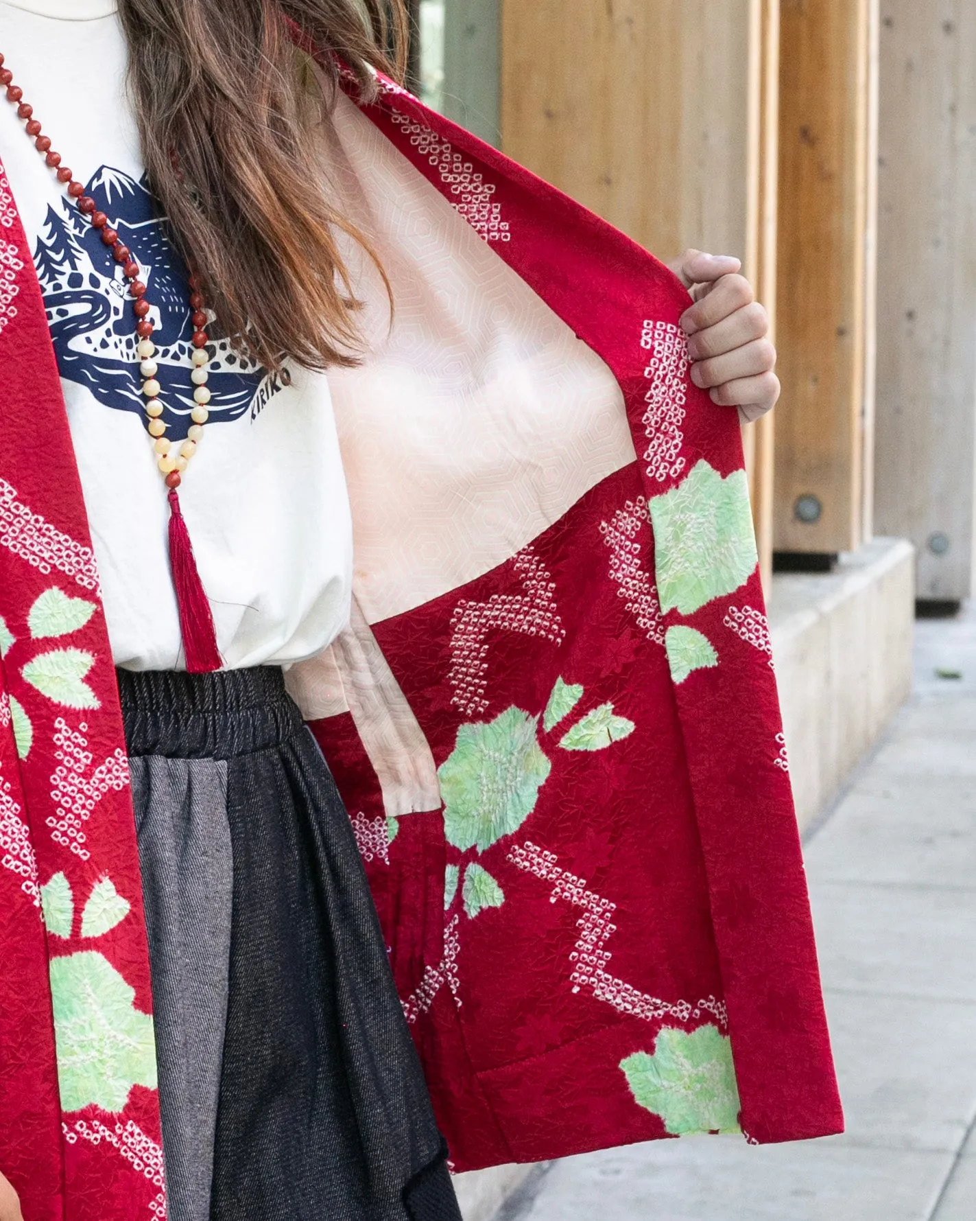 Kiriko Custom, Altered Kimono Jacket, Partial Shibori, Red Leaves with Green Accents sold by Kiriko product image thumbnail 5