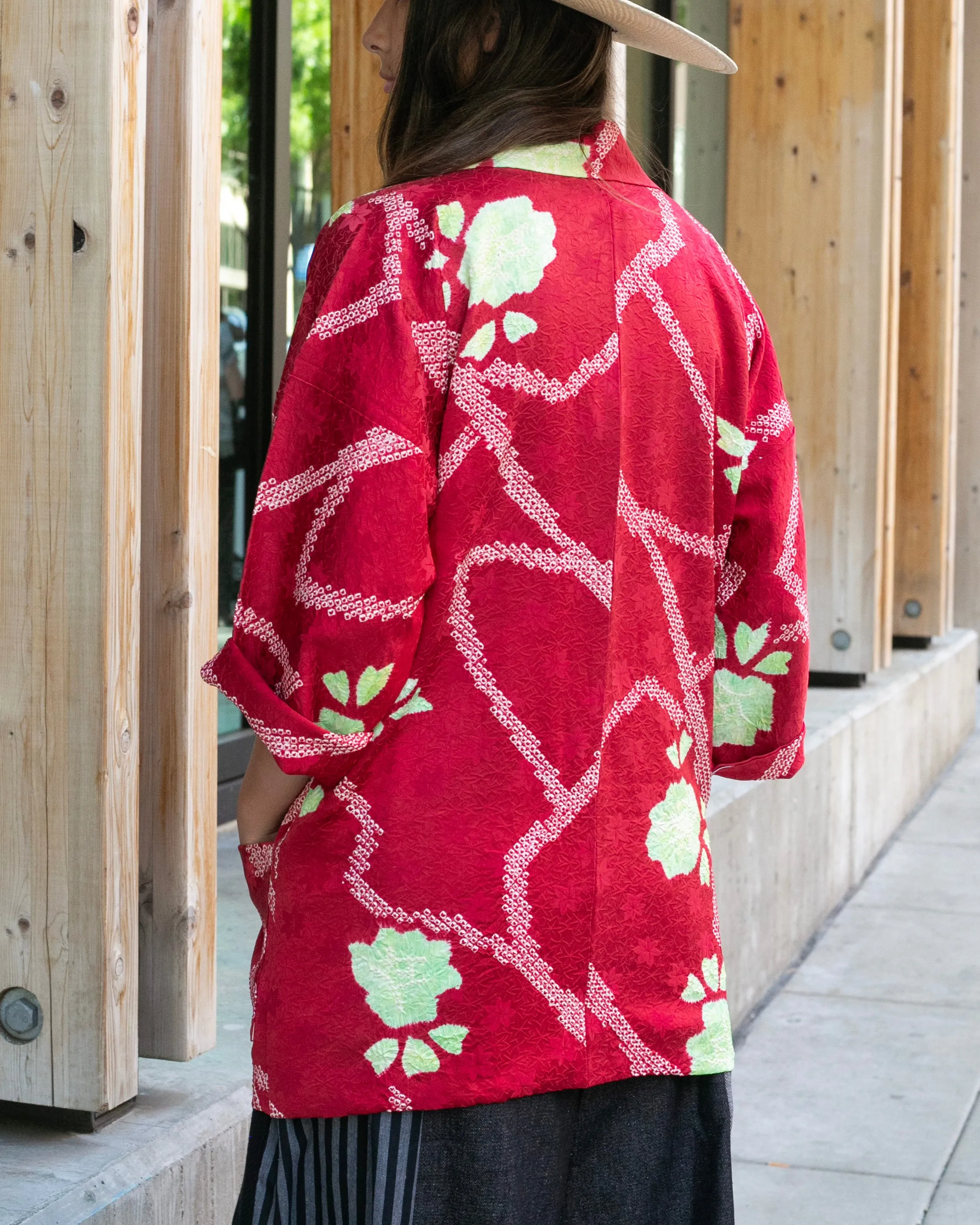 Kiriko Custom, Altered Kimono Jacket, Partial Shibori, Red Leaves with Green Accents sold by Kiriko product image thumbnail 2