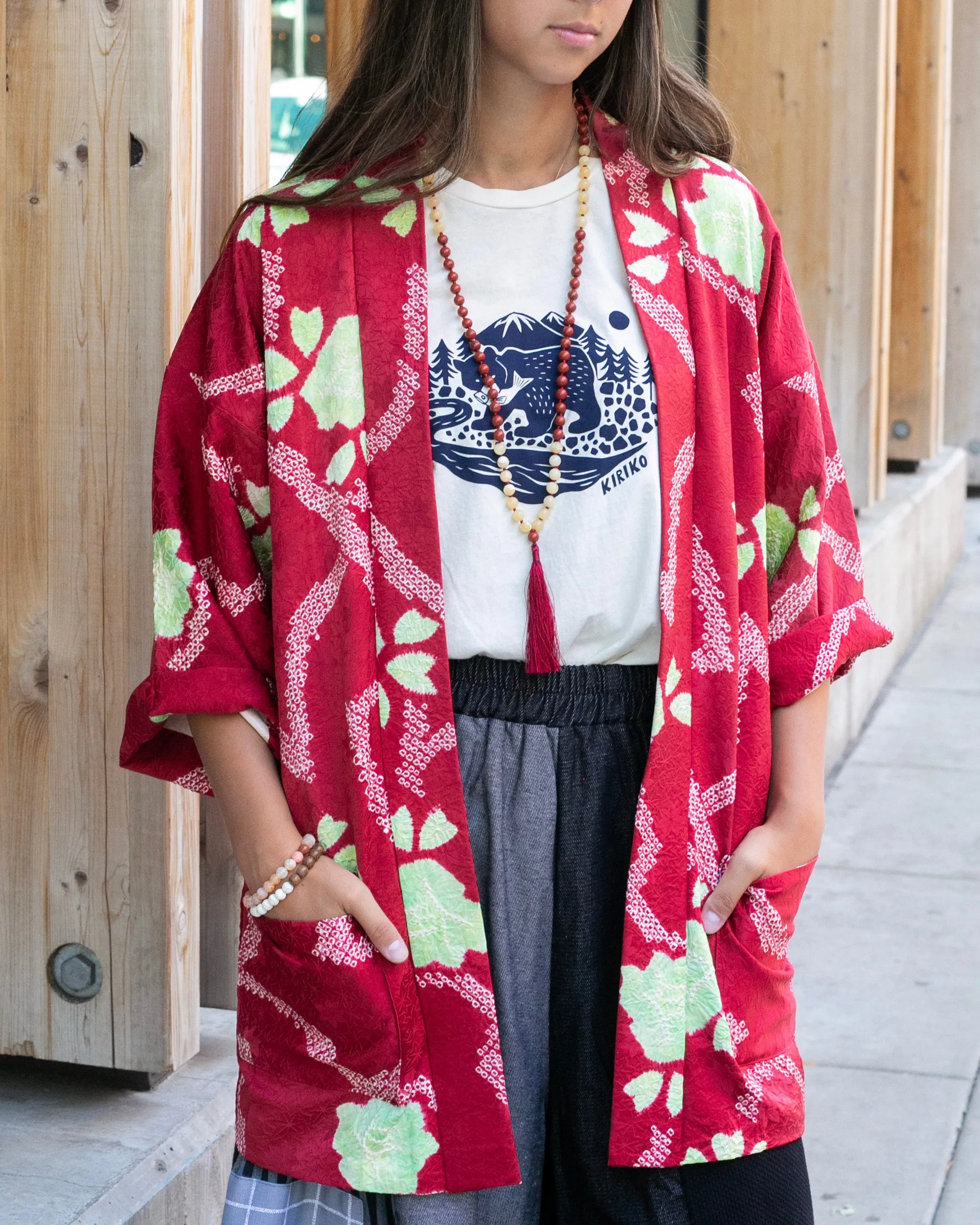 Kiriko Custom, Altered Kimono Jacket, Partial Shibori, Red Leaves with Green Accents sold by Kiriko