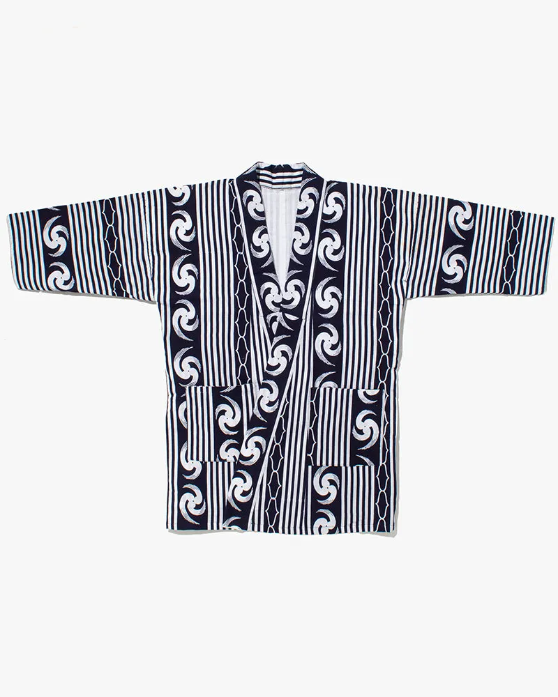 Kiriko Custom, Altered Yukata Jacket, Indigo with White Shima and Tomoe sold by Kiriko